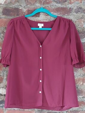 J.Crew Women's Small V-Neck Puff-Sleeve Button Front Top in Wine